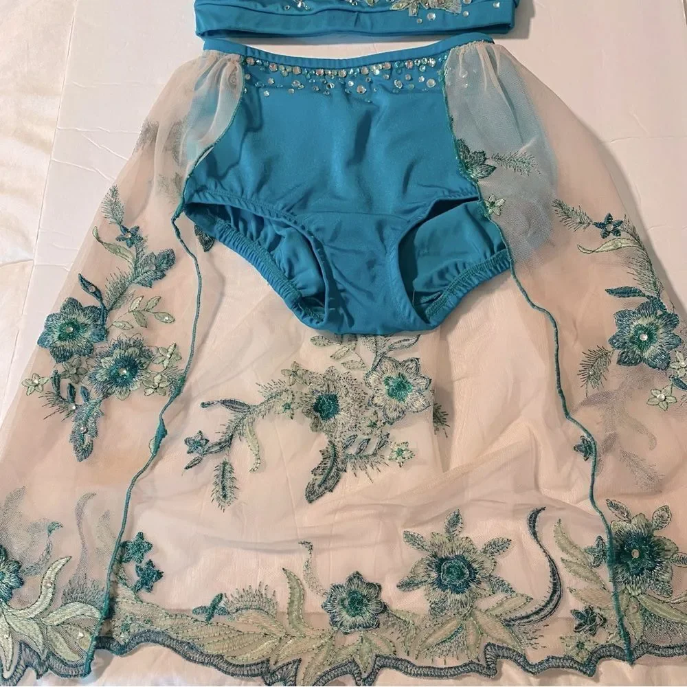 Solo custom dance costume 2 piece teal lyrical  rhinestoned embroidered MC child